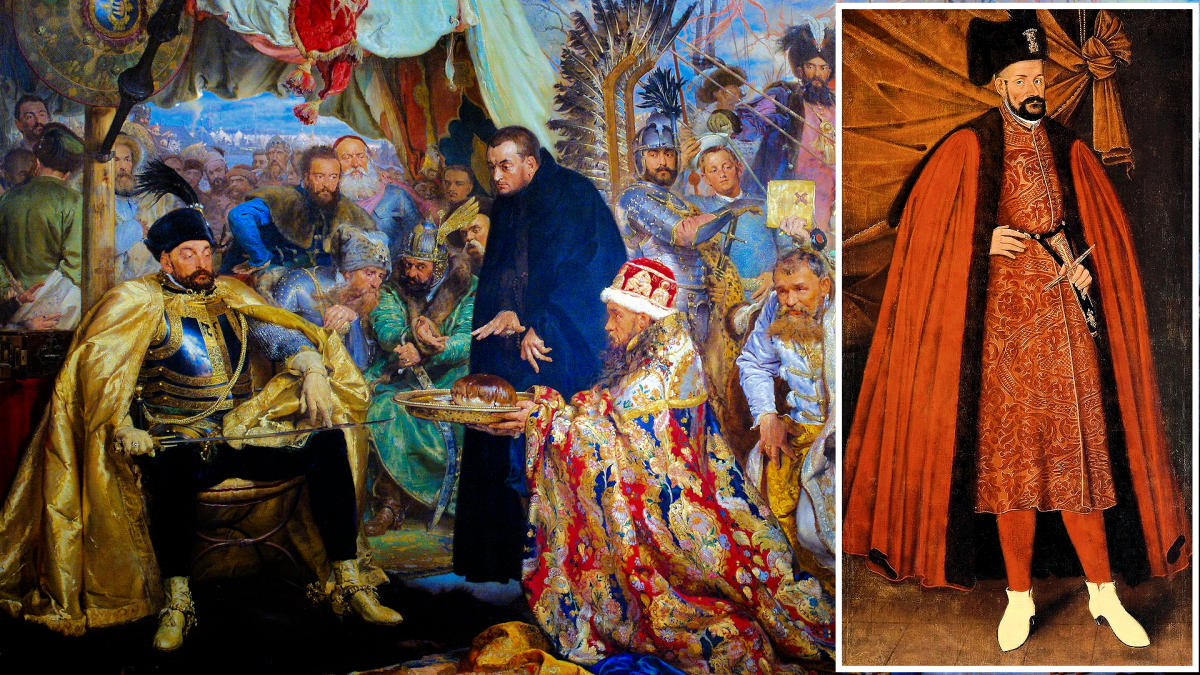 Stephen Bathory (seated) and Original 1586 Portrait Inset. Matejko depicts secrets in his portrait. Stephen Bathory was the Count of Somlyó; Prince of Transylvania (as Stephen IV), 1571-1586; King-elect of Ungaria (as Stephen IV), 1576; King of Poland-Lithuania (as Stephen), May 1, 1576 - December 12, 1586; Bathory Patriarch, December 1, 1570 – December 12, 1586